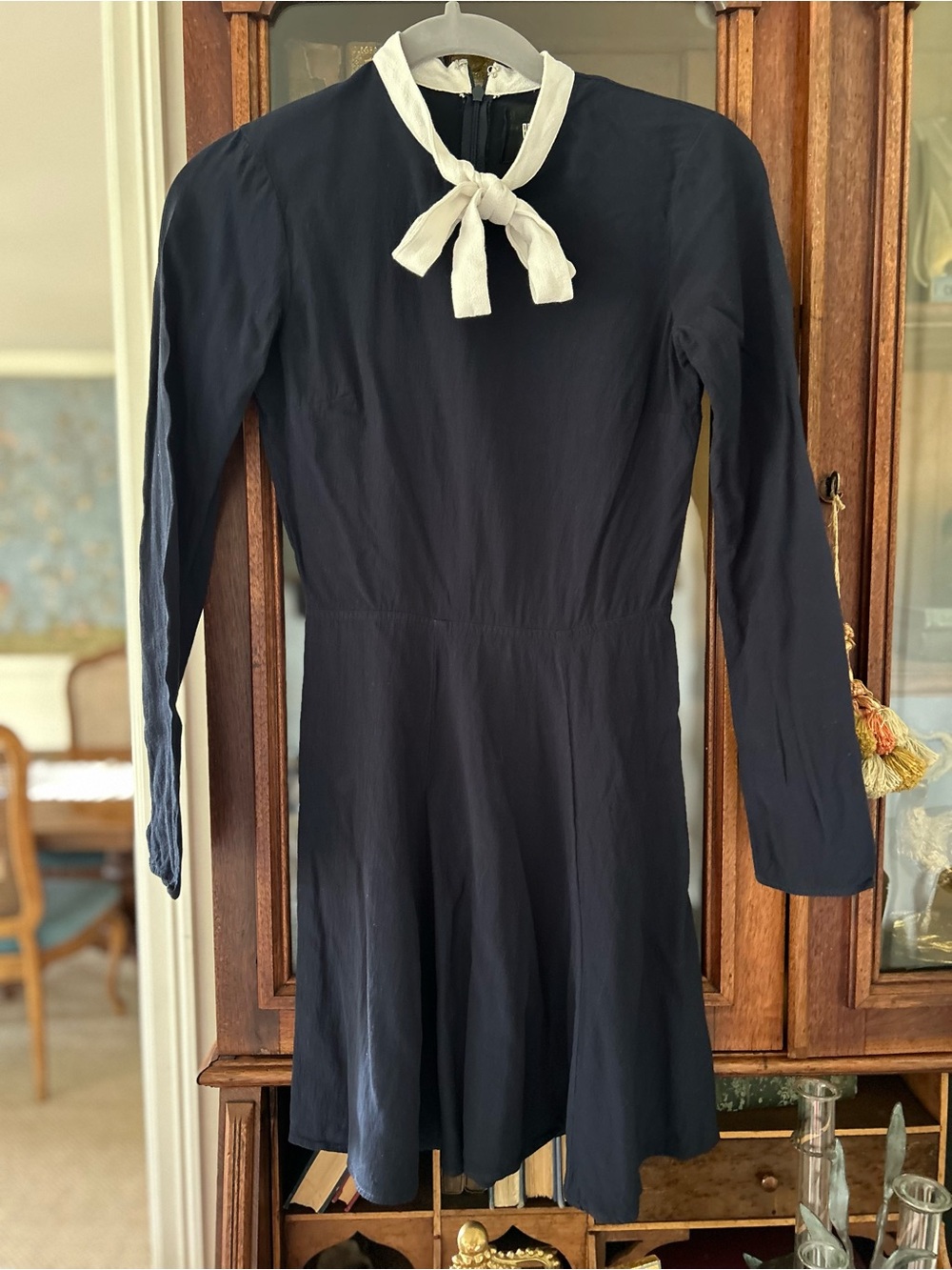 Reformation Navy Long-Sleeve Tie-Neck Dress with White Bow Sz 0